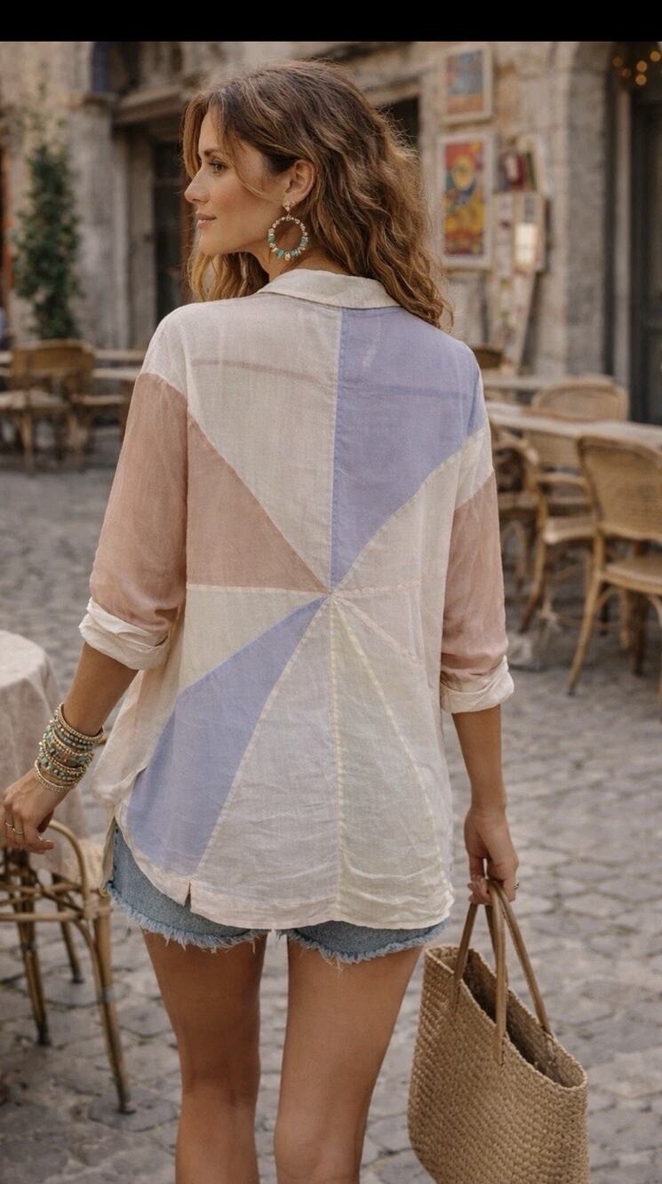 Free People Rainbow Rays Pastel Pinwheel Oversize Boho Hippie Blouse Women Sz S